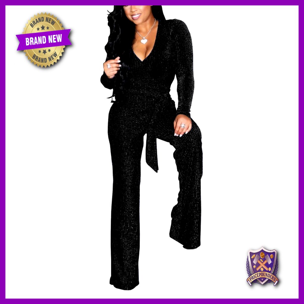 Sparkly V-Neck Jumpsuit With Belt, Long Sleeve Loose Fit, Party Wear